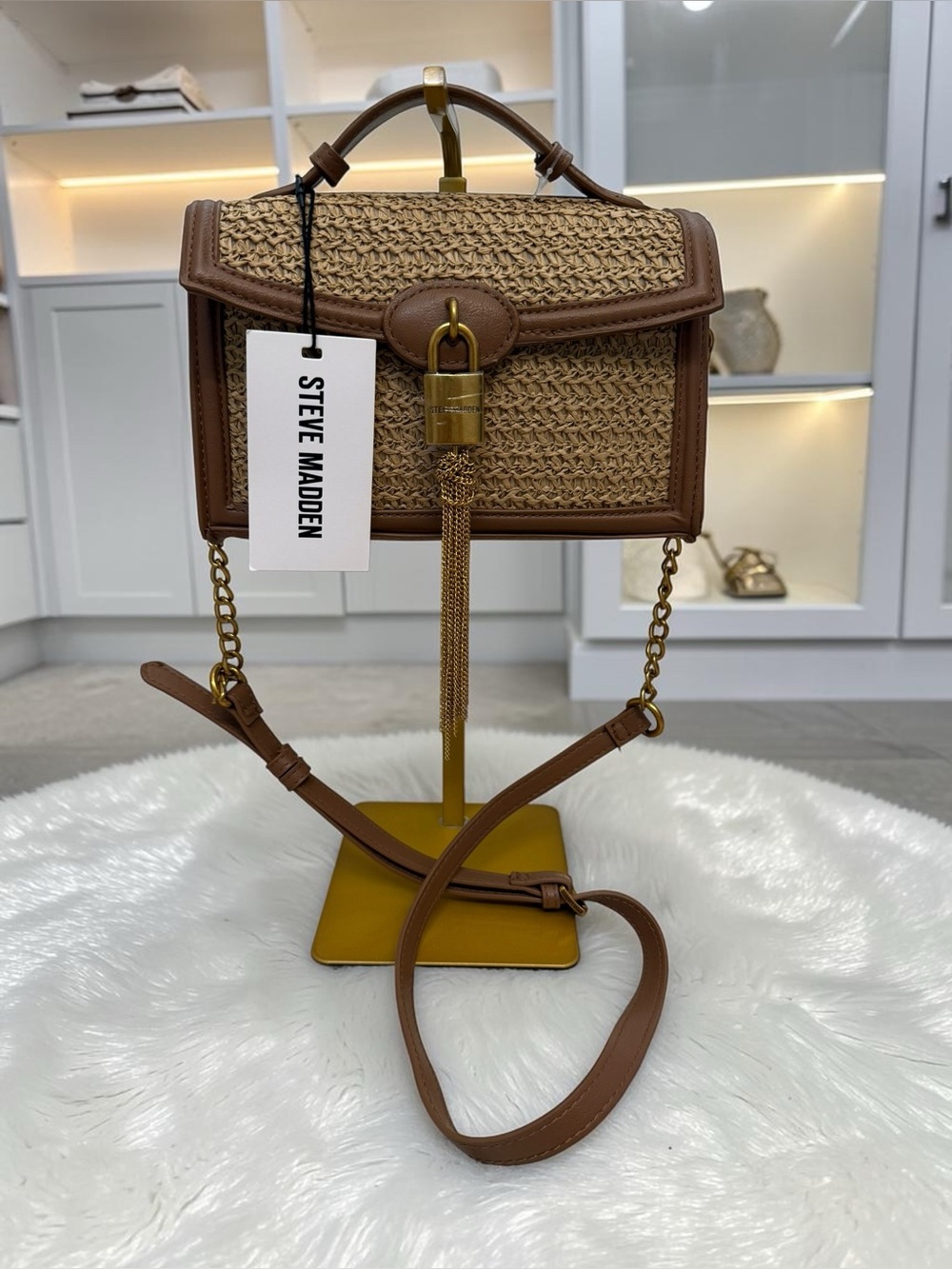 NWT Steve Madden BStarri Woven Raffia Crossbody Satchel Bag - Cognac/Natural